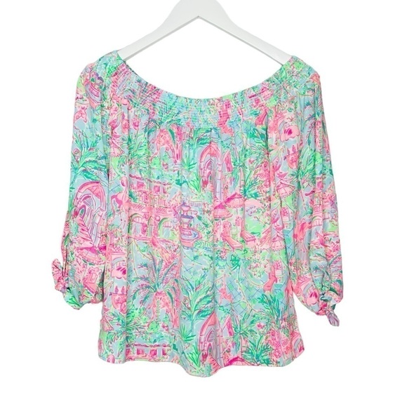 Lilly Pulitzer Maryellen Off shoulder top Spotted On Worth Bali Blue Size XS NEW - Picture 4 of 12
